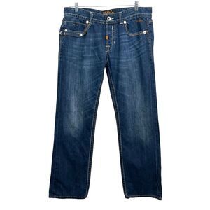 Rivet De Cru Mens Jeans Relaxed Straight TopStitch Button Fly‎ Blue Size 36